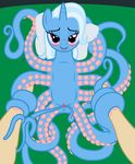  absurd_res badumsquish bedroom_eyes blue_fur blue_hair blush cephalopod clitoris duo equine female feral first_person_view friendship_is_magic fur hair hi_res horn hybrid long_hair looking_at_viewer lying mammal marine my_little_pony octopus on_back pillow presenting purple_eyes pussy smile solo_focus tentacles trixie_(mlp) two_tone_hair unicorn 