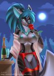  2015 alcohol anthro beverage breasts canine champagne clothed clothing female flower fox glass green_eyes green_hair hair half-dressed hybrid legwear looking_at_viewer mammal moon navel navel_piercing night niina nipples piercing plant ponytail pussy robe rose sif skimpy smile solo stockings wolf 