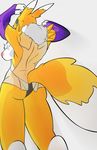  2015 anthro back bandai black_nose blue_eyes breasts butt canine chest_tuft claws clothing digimon female fox fur j5furry looking_back mammal nipples panties plain_background renamon shadow solo standing tuft underwear white_background yellow_fur 