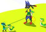  anthro bdsm blush bondage bonwolf bound interspecies looking_down lucario male mammal masochism mega_evolution mega_lucario nintendo penis pok&eacute;mon reptile riolu scalie size_difference small_dom_big_sub smile snivy spikes video_games vines 