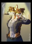  anthro breasts canine cigar cleavage clothed clothing conjoined coughing dracojeff duo female fox grin humor karisha_and_mena leather_jacket mammal midriff multi_head necklace plain_background siamese_twins skimpy smoke smoking underwear 