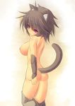  animal_ears anthro breasts brown_fur brown_hair butt cat_ears cat_tail collar feline female fur hair kourourin looking_back mammal nipples nude pose red_eyes solo 