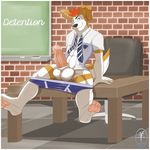  aaron_(artist) abs balls big_penis canine detention dog erection fur hair inivercity male mammal muscles pawpads paws penis precum school sitting solo student table teasing 