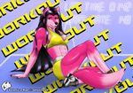  abs anthro black_hair black_nose breasts canine claws cleavage clothed clothing crop_top female fur ghostwolf hair long_hair looking_at_viewer mammal muscles muscular_female pink_fur pinup pose purple_eyes selenica_rae shorts sitting sneakers solo wolf 