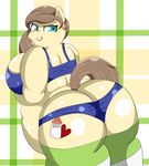  &lt;3 abstract_background anthro big_breasts braffy breasts brown_hair button&#039;s_mom clothing cutie_mark digital_media_(artwork) equine fan_character female fur hair hooves horse huge_breasts long_hair looking_at_viewer looking_back mammal my_little_pony obese overweight panties pony presenting rear_view smile solo standing teal_eyes underwear 