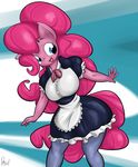  2015 abstract_background anthro anthrofied blue_eyes clothing earth_pony equine female friendship_is_magic hair horse maid_uniform mammal my_little_pony open_mouth pink_hair pinkie_pie_(mlp) pony sanders solo 