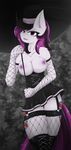  abstract_background anthro breasts clothing dress equine fan_character female fishnet fur hair hat horse long_hair looking_at_viewer mammal my_little_pony ninjapony nipples open_mouth pony purple_eyes purple_hair smile solo standing top_hat umbrella 