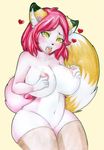  &lt;3 anthro big_breasts breasts cat clothed clothing drooling eroberry feline female fur hair half-dressed lactating legwear long_hair mammal multicolored_fur navel nipple_pinch open_mouth pink_fur plain_bakground red_hair saliva solo thick_thighs thigh_highs tongue topless voluptuous white_fur wide_hips yellow_eyes yellow_fur 