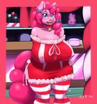  2015 anthro anthrofied bell big_breasts blue_eyes bow breasts clothing collar dress equine female friendship_is_magic hair hand_on_hip horse inside legwear lipstick mammal my_little_pony pink_hair pinkie_pie_(mlp) plankboy pony solo standing stockings wide_hips 