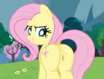  2015 anus butt cartoon clitoris dock equine female feral fluttershy_(mlp) friendship_is_magic looking_back mammal my_little_pony pegasus puffy_anus pussy pussy_juice shutterflyeqd smile solo wings 