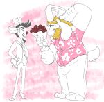  2018 3_toes abstract_background anthro anthro_on_anthro antlers arm_hair asgore_dreemurr barefoot beard belly biped blonde_hair boss_monster bouquet caprine cervine clothed clothing cloven_hooves deltarune digital_drawing_(artwork) digital_media_(artwork) duo ears_back eyes_closed facial_hair floppy_ears flower fluffy fluffy_tail flustered full-length_portrait fully_clothed fur goatee grey_hair hair hairy hand_behind_head hands_on_hips holding_flower holding_object hooves horn intergoatlactic interspecies looking_at_another male male/male mammal mature_male mustache necktie offering_to_another overweight overweight_male pants pink_background plant portrait raised_arm red_nose reindeer restricted_palette romantic_ambiance romantic_couple rudolph_holiday shirt short_tail shy side_view simple_background size_difference slim smile snout standing toes undertale video_games white_background white_fur white_horn white_tail wholesome 