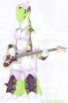  3_toes 5_fingers anthro armolin armor belly big_breasts big_ears big_feet bra breasts caleb_magness cleavage clothed clothing eyelashes female green_body guitar hat horn japanese_turtleshell_armolin leather lingerie looking_at_viewer matile music musical_instrument navel panties playing_music scalie scarf shelby_sakura short_tail sleeves smile solo spikes spots standing stare straps toes underwear voluptuous yellow_eyes 