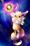  :3 abstract_background ambiguous_gender artistic brown_eyes brown_fur canine eevee flying fur looking_at_viewer mammal nintendo open_mouth pok&eacute;mon pose solo space star tongue tuft unknown_artist video_games 