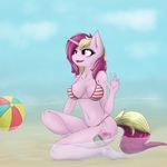  anthro beach beach_ball big_breasts bikini breasts clothing cutie_mark equine fan_character female fur hair horn long_hair mammal my_little_pony navel ninjapony open_mouth outside pink_eyes pink_fur seaside smile solo swimsuit two_tone_hair unicorn water 