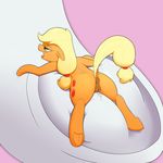  anus applejack_(mlp) blonde_hair blush butt cutie_mark dock duo earth_pony equine female freckles friendship_is_magic green_eyes hair half-closed_eyes hi_res hooves horse khorme long_hair mammal micro my_little_pony open_mouth plain_background pony puffy_anus pussy pussy_juice tongue underhoof 