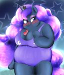 &lt;3 abstract_background anthro big_breasts blue_eyes blue_fur blue_hair blush braffy breasts cleavage clothed clothing digital_media_(artwork) equine female friendship_is_magic fur hair hi_res hooves horn long_hair looking_at_viewer mammal my_little_pony obese overweight princess_luna_(mlp) smile solo standing unicorn 