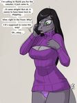 2014 anthro black_hair blush bottomless breasts cellphone cleavage clothed clothing dialogue english_text female gecko green_eyes grey_body hair half-dressed keyhole_turtleneck ldr lizard panties phone plain_background reptile scalie solo sweater text the_assistant underwear 
