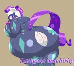  anthro big_breasts blush braffy breasts digital_media_(artwork) equine female friendship_is_magic fur hair hi_res hooves horn long_hair looking_at_viewer looking_back mammal my_little_pony obese overweight presenting purple_hair radiance_(mlp) raised_tail rarity_(mlp) rear_view solo standing text unicorn uniform white_fur 