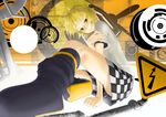  blonde_hair checkered checkered_skirt kagamine_rin mossari_poteto perspective road_sign short_hair sign sitting skirt solo tiger_rampage_(vocaloid) vocaloid yellow_eyes 