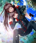  1girl brother_and_sister brown_hair closed_eyes headlock highres little_busters! long_hair natsume_kyousuke natsume_rin ponytail red_eyes school_uniform short_hair siblings wrestling yae_(mono110) 