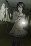  bream-tan brown_hair curtains dress fatal_frame fatal_frame_4 green_eyes highres lantern minazuki_ruka pantyhose short_hair solo when_you_see_it 