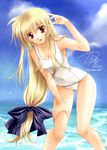  2010 blonde_hair dated day fate_testarossa hair_ribbon kanna_(plum) long_hair low-tied_long_hair lyrical_nanoha mahou_senki_lyrical_nanoha_force mahou_shoujo_lyrical_nanoha_strikers mahou_shoujo_lyrical_nanoha_vivid one-piece_swimsuit red_eyes ribbon school_swimsuit sky smile swimsuit very_long_hair water white_school_swimsuit white_swimsuit 