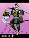  armor bad_feet blue_eyes dual_wielding gauntlets hairband helmet highres hitodama holding japanese_armor katana konpaku_youmu konpaku_youmu_(ghost) samurai sandals sash short_hair silver_hair solo sword tabi touhou weapon yukichi_(bancho99) 