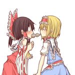  alice_margatroid black_hair blonde_hair bow closed_eyes hair_bow hairband hakurei_reimu multiple_girls natsuk shared_food short_hair simple_background touhou tupet white_background yuri 