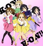  akiyama_mio black_eyes black_hair blonde_hair blue_eyes brown_eyes brown_hair castanets fur-trimmed_kimono fur_trim hirasawa_yui instrument japanese_clothes k-on! kimono kotobuki_tsumugi legs long_hair masako_(sabotage-mode) microphone multiple_girls nakano_azusa pantyhose short_hair tainaka_ritsu twintails 