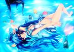  afloat aqua_eyes aqua_hair bad_id bad_pixiv_id barefoot bottle earphones hatsune_miku highres legs long_hair lying navel nuko-d on_back panties side-tie_panties single_earphone_removed smile solo twintails underwear very_long_hair vocaloid water 