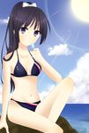  akiyama_mio bad_id bad_pixiv_id bikini black_hair food highres k-on! long_hair ponytail popsicle purple_eyes rock shirahase_shijima sitting solo sun swimsuit 