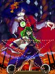  danmaku detached_sleeves frog green_hair hair_ornament ishikawa_yuga kochiya_sanae long_hair looking_down multiple_girls one_eye_closed pac-man_eyes purple_hair pyonta red_eyes short_hair snake star touhou yasaka_kanako 