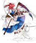  ahoge bangs barefoot breasts cleavage cross-laced_clothes hair_ornament holding leaf onozuka_komachi profile puffy_short_sleeves puffy_sleeves red_hair scythe short_hair short_sleeves silentdin solo sparks touhou transparent two_side_up white_background 