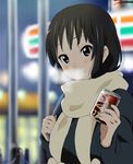  7-eleven akiyama_mio black_eyes black_hair breath can coffee face hands k-on! kisuke_(akutamu) long_hair scarf smile solo 