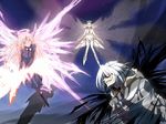  2girls accelerator angel archangel_gabriel bloody_moon glowing glowing_eyes grin halo kazakiri_hyouka long_hair multiple_girls multiple_wings red_eyes school_uniform seraph smile sword to_aru_majutsu_no_index weapon white_hair wings 