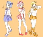  backpack bag blonde_hair blue_hair legs multiple_girls nitako one_eye_closed original pink_hair school_uniform serafuku simple_background sketch thighhighs traditional_media 