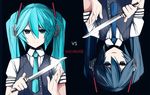  aqua_eyes aqua_hair bad_id bad_pixiv_id dual_persona frown hatsune_miku headphones knife long_hair mozuku_doukoukai necktie rotational_symmetry simple_background smile twintails vocaloid yandere 