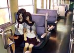  animal black_eyes black_hair cat closed_eyes coach_(artist) earphones glasses head_rest holding_hands multiple_girls original saliva school_uniform serafuku sitting skirt sleeping sleeping_upright smile train_interior vanishing_point 