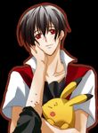  biting black_hair closed_eyes gen_1_pokemon hat hat_removed headwear_removed male_focus multiple_boys ookido_green pikachu pokemon pokemon_(creature) red_(pokemon) red_eyes short_hair 