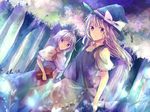  alice_margatroid amazuki_jou apron bad_id bad_pixiv_id blonde_hair blue_eyes book bow braid dutch_angle forest forest_of_magic glowing hair_bow hairband hat holding kirisame_marisa long_hair multiple_girls nature open_mouth short_hair smile touhou witch_hat 