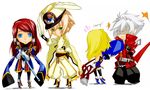  2girls black_pants blazblue blonde_hair blue_eyes blue_footwear boots chibi cosplay costume_switch green_eyes hat jin_kisaragi jin_kisaragi_(cosplay) long_hair multiple_boys multiple_girls noel_vermillion pants ragna_the_bloodedge red_hair sword thighhighs tsubaki_yayoi tsubaki_yayoi_(cosplay) weapon wings yua yukianesa 