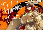  blazblue blue_eyes breasts character_name covered_nipples gloves hat impossible_clothes impossible_shirt large_breasts long_hair red_hair sennoyume shirt solo tsubaki_yayoi wings 