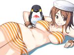  bikini bird breasts brown_eyes brown_hair fingerless_gloves gloves hat ikujitto large_breasts lying mabinogi o-ring o-ring_top on_side penguin see-through shaved_ice short_hair skirt solo striped striped_bikini striped_swimsuit sweat swimsuit underboob 
