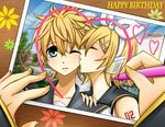  1girl aqua_eyes bad_id bad_pixiv_id birthday blonde_hair brother_and_sister cheek_kiss closed_eyes detached_sleeves drawing flower hair_ornament hair_ribbon hairclip hand_on_shoulder happy_birthday headphones headset heart hetero kagamine_len kagamine_rin kiss nail_polish one_eye_closed pen photo_(object) ribbon sakura_ran short_hair siblings twins vocaloid yellow_nails 