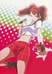  boots brown_eyes crop_top earrings gift highres jewelry kujikawa_rise long_hair microphone midriff navel official_art one_eye_closed open_mouth persona persona_4 red_hair skirt smile sogabe_shuuji solo twintails 