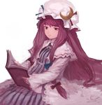  book bow crescent dress face hair_bow hat long_hair patchouli_knowledge purple_eyes purple_hair reading shirabi simple_background solo touhou very_long_hair 