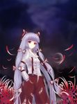  bad_id bad_pixiv_id bangs blunt_bangs dark flower fujiwara_no_mokou hair_ribbon hand_in_pocket hime_cut long_hair long_sleeves moon night pants petals red_eyes ribbon scarlethy silver_hair slit_pupils solo spider_lily standing suspenders touhou very_long_hair 