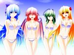  antennae bat_wings bikini blonde_hair blue_eyes blue_hair cirno engo_(aquawatery) green_eyes green_hair long_hair multiple_girls mystia_lorelei older red_eyes red_hair rumia short_hair swimsuit team_9 touhou white_bikini wings wriggle_nightbug 