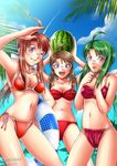  :p absurdres ahoge arms_up bandeau beach bikini blush breasts brown_hair cleavage day food fruit glasses green_hair grin hasegawa_chisame highres holding holding_food holding_fruit innertube mahou_sensei_negima! medium_breasts multiple_girls multiple_persona navel one_eye_closed palm_tree ponytail red_bikini red_hair shiny shiny_skin side-tie_bikini smile songwut_ouppakarndee swimsuit time_paradox tongue tongue_out tree watermelon 