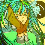  crazy_eyes face gloves hands hands_on_own_cheeks hands_on_own_face hatsune_miku long_hair matryoshka_(vocaloid) mogami_kawa multicolored_hair solo twintails vocaloid 
